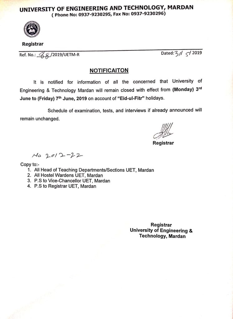 Eid Holidays Notification